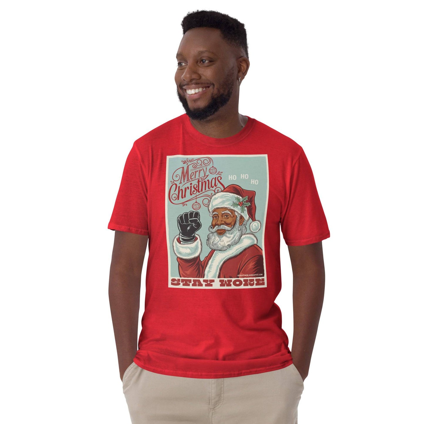 Person wearing red Black Santa Stay Woke graphic t-shirt