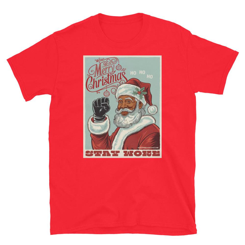 Red Black Santa Stay Woke graphic t-shirt