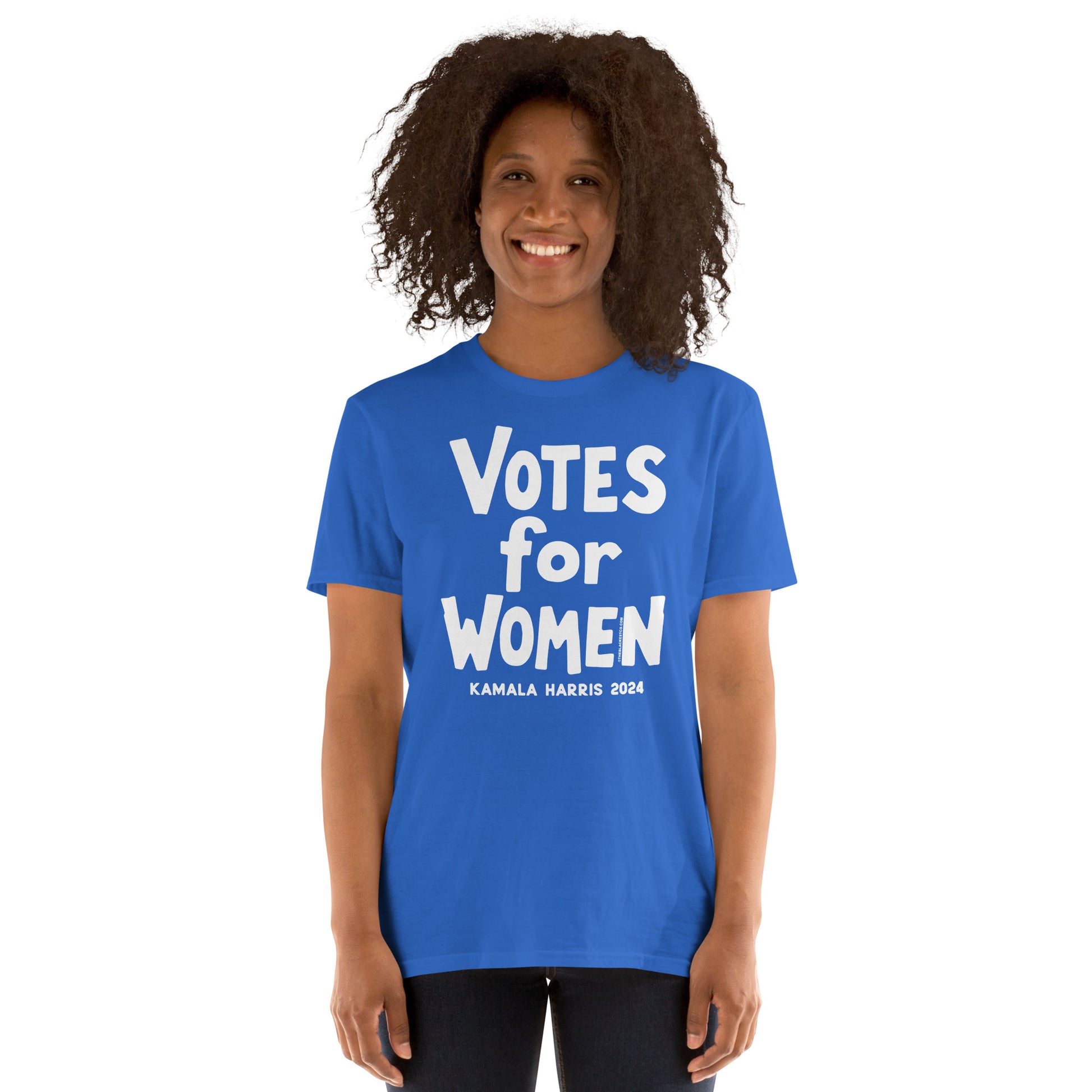 Woman wearing blue Votes For Women Election 2024 T-Shirt