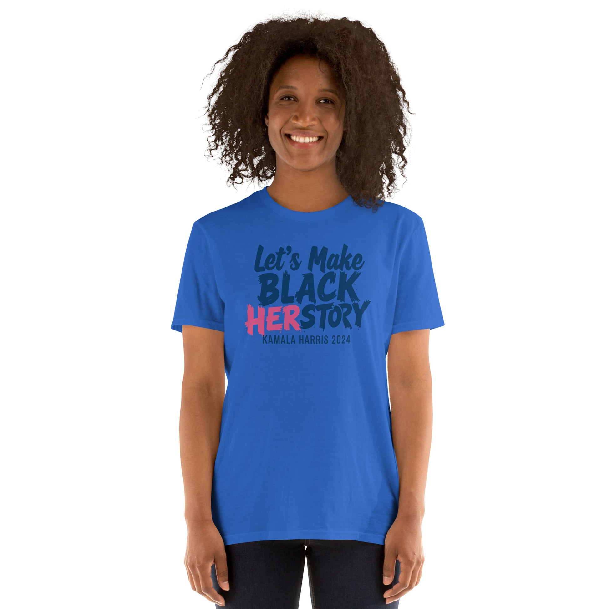 Woman wearing blue Let's Make Black Herstory Kamala Harris 2024 T-Shirt