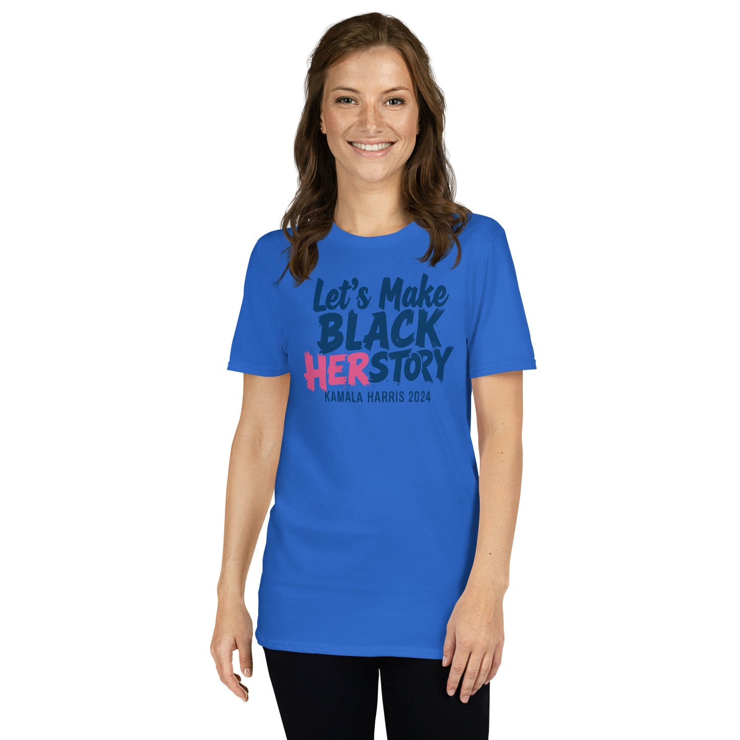 Smiling woman in blue Let's Make Black Herstory Kamala Harris 2024 T-Shirt