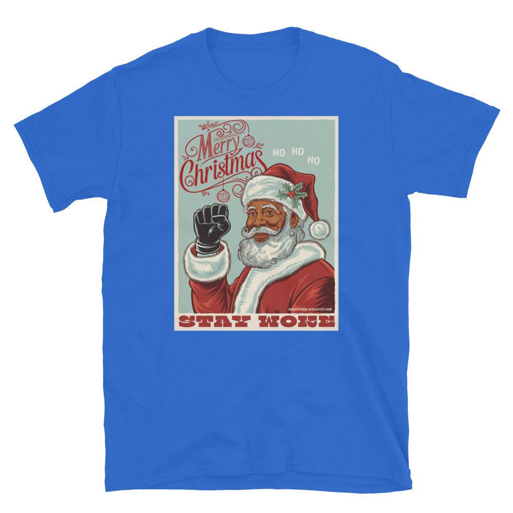 Blue Black Santa Stay Woke graphic t-shirt