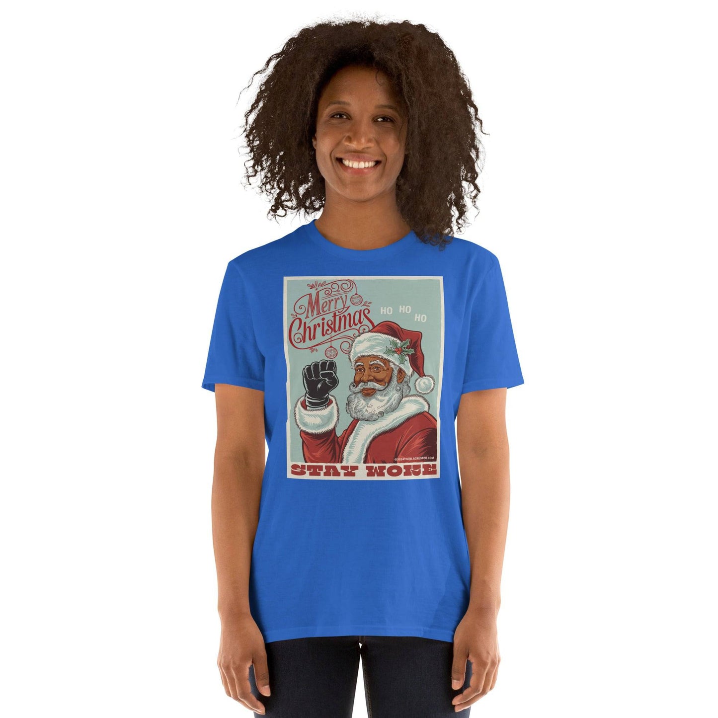 Person wearing blue Black Santa Stay Woke graphic t-shirt