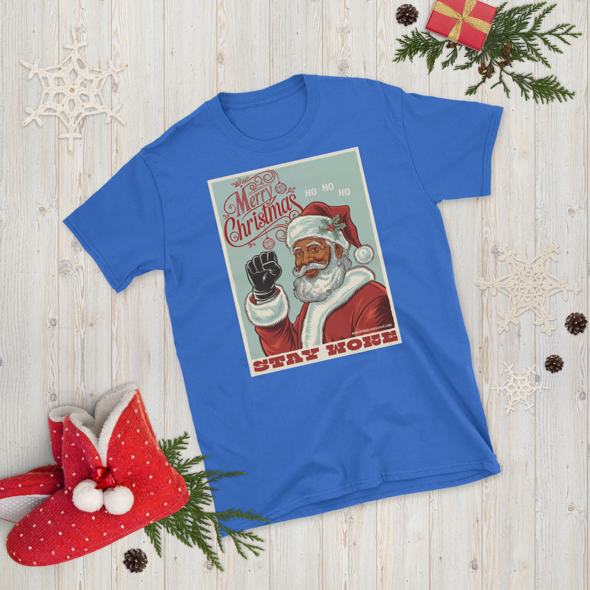 Blue Black Santa Stay Woke graphic t-shirt on wooden background