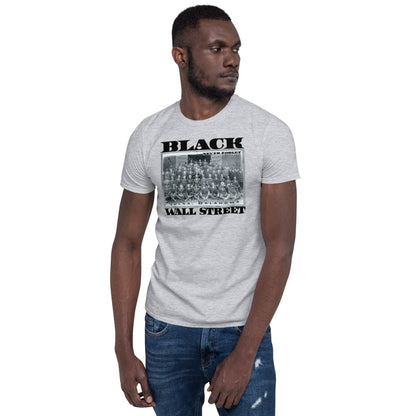 Model wearing Black Wall Street vintage history t-shirt