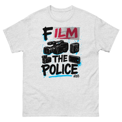 Heather gray Film The Police Staple T-shirt by TheBlackest Co. featuring bold activist message and camera illustrations in streetwear design.