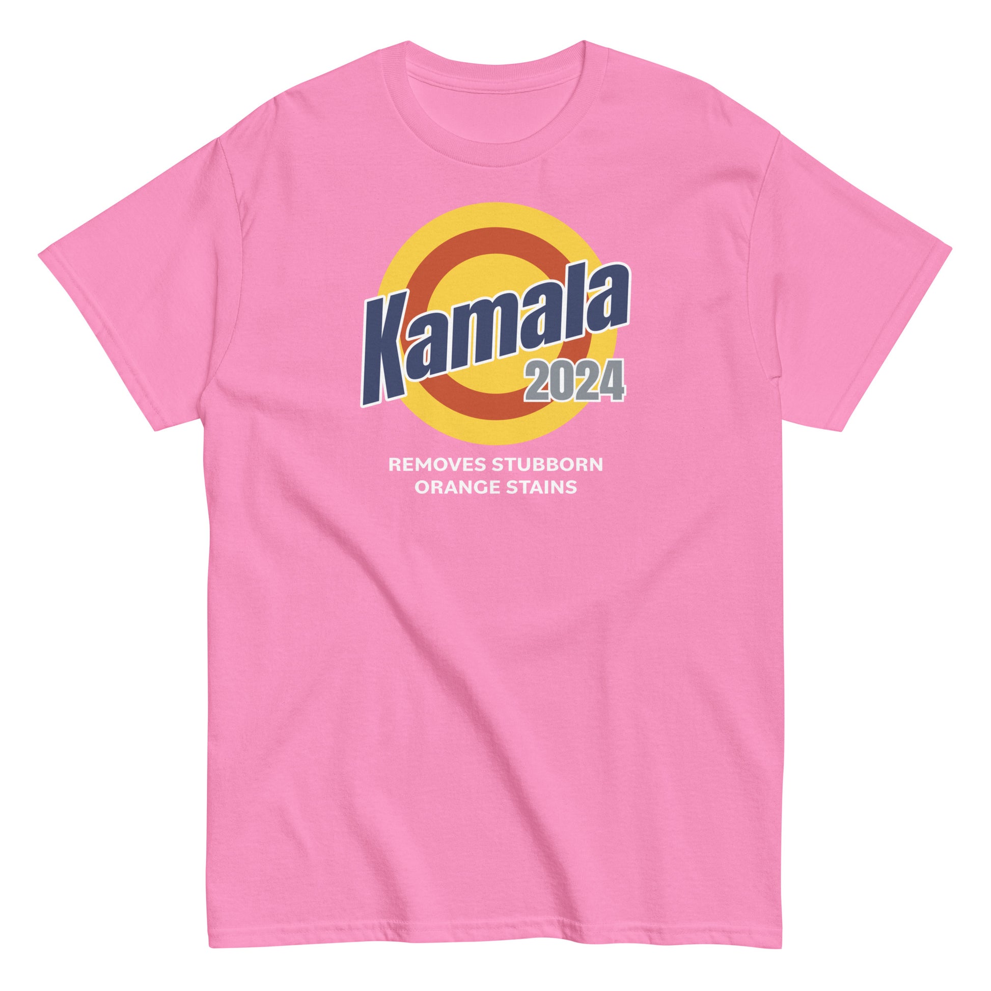 Unisex classic tee in azalea pink, short sleeves, soft cotton fabric. kamala removes stubborn orange stains design