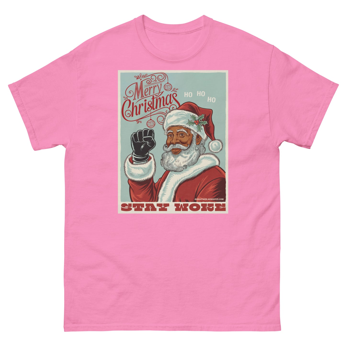 Pink Black Santa Stay Woke Unisex Staple T-Shirt with vintage Black Santa and 'Stay Woke' message, fun and bold holiday apparel.