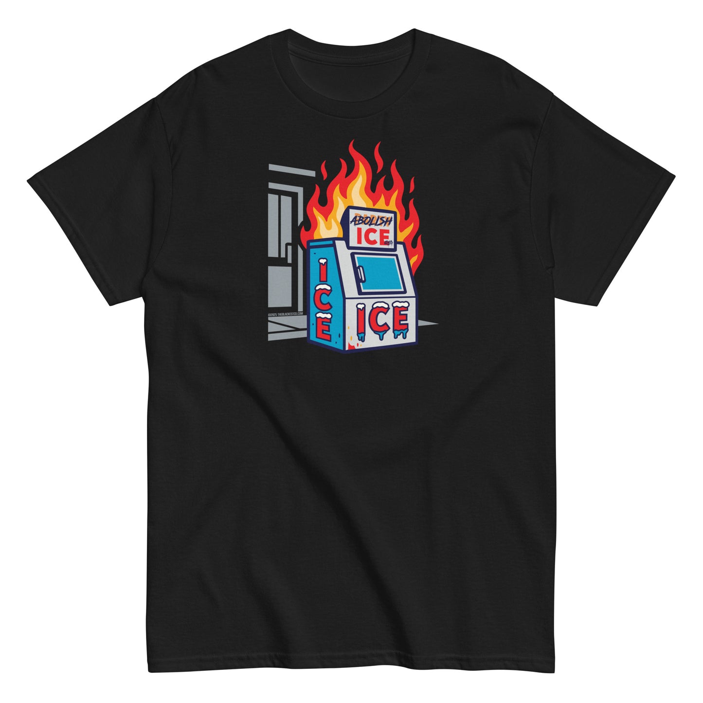 Black Abolish ICE Statement Staple Unisex T-Shirt by TheBlackest Co. featuring a flaming ice machine graphic for activist apparel lovers.