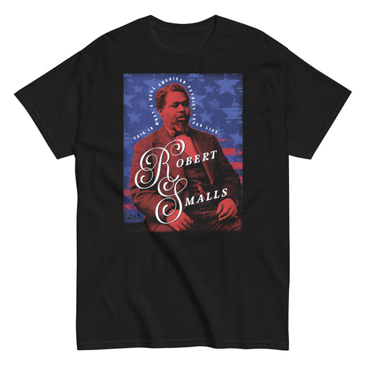 Black Robert Smalls Real American Patriot Unisex T-shirt by TheBlackest Co. featuring vintage-style portrait and patriotic background.