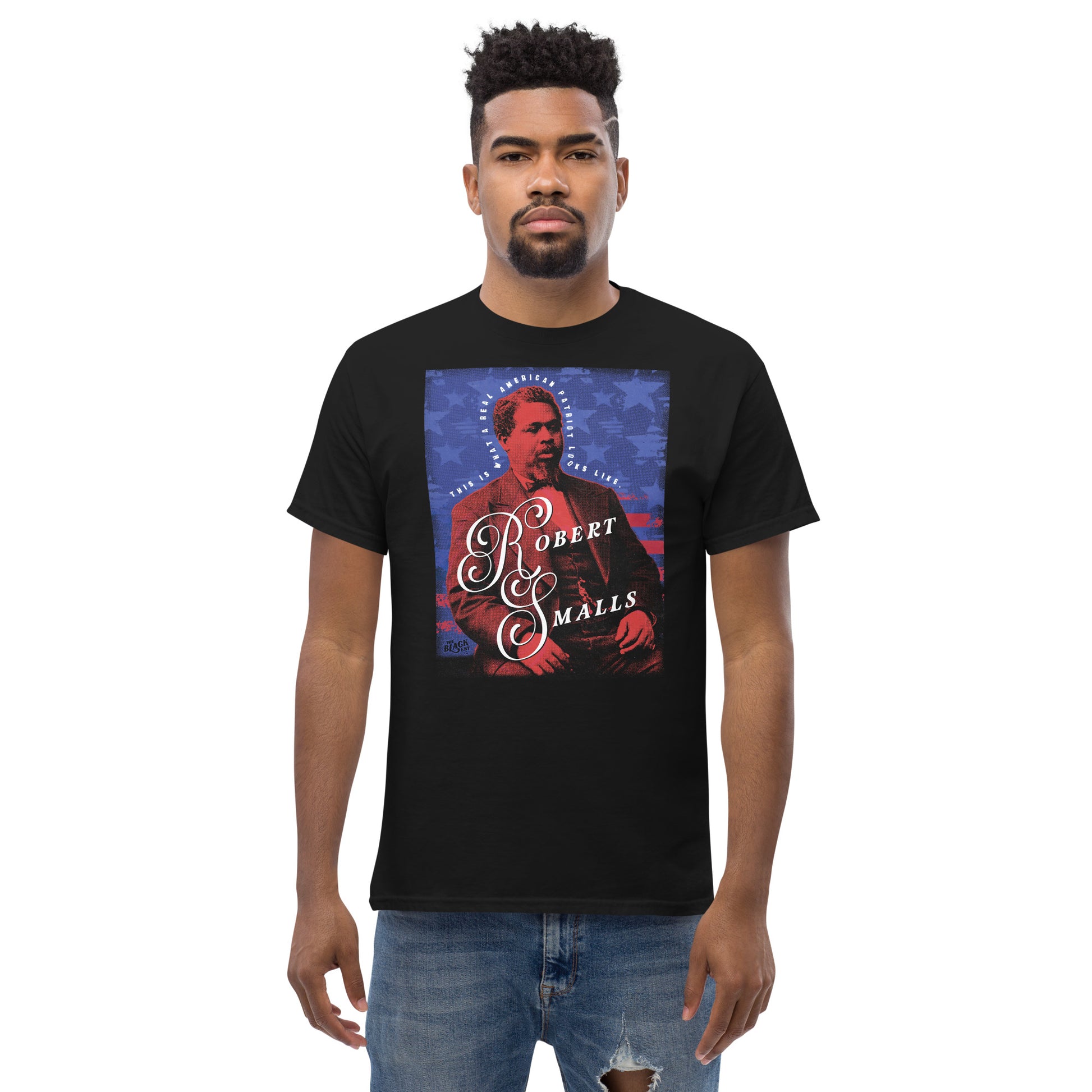 Front view of man modeling Robert Smalls Real American Patriot Unisex T-shirt in black, highlighting historical graphic design.