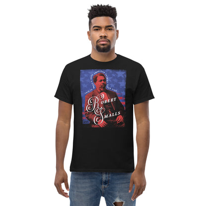 Front view of man modeling Robert Smalls Real American Patriot Unisex T-shirt in black, highlighting historical graphic design.