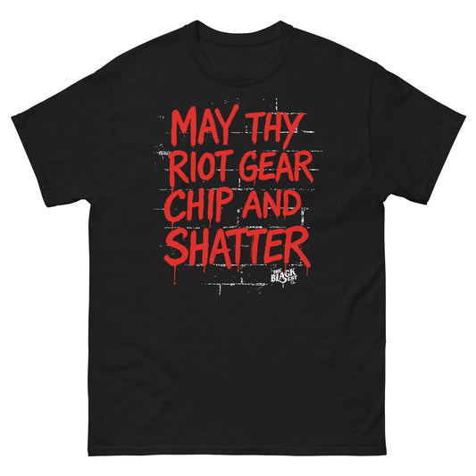 Black May Thy Riot Gear Chip And Shatter Staple T-Shirt by TheBlackest Co. with bold red protest text and graffiti-style design.