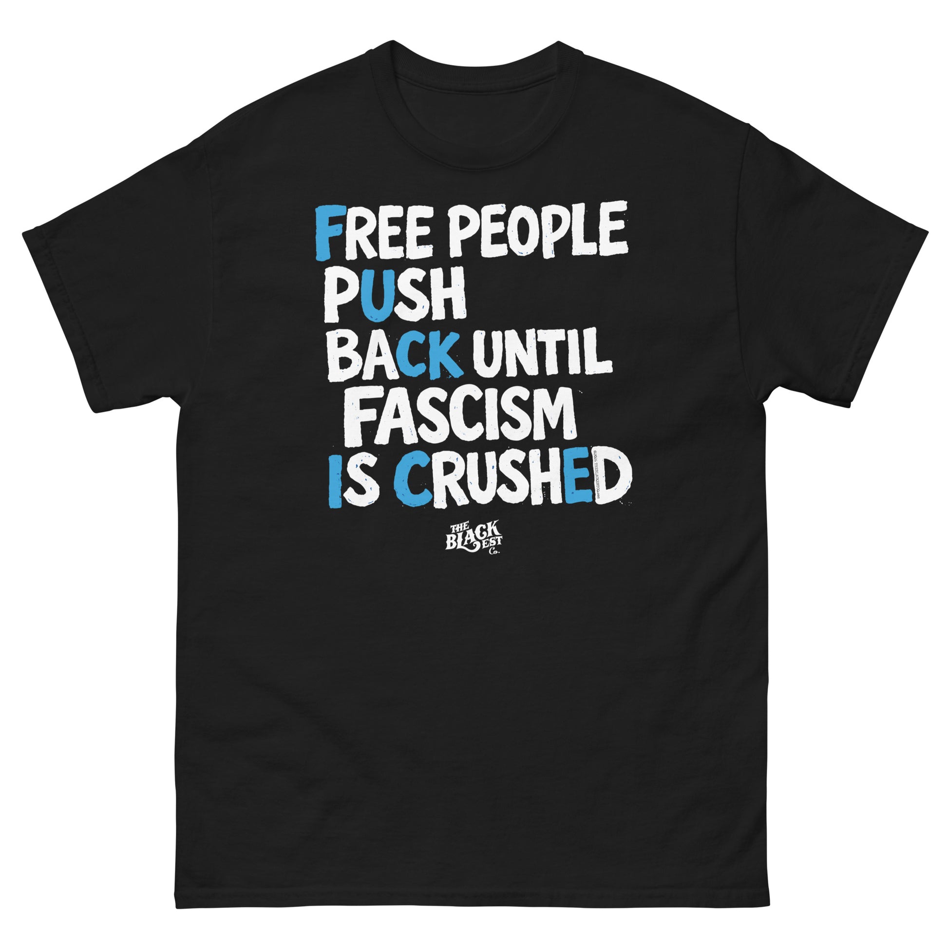 Black protest t-shirt with white and blue text supporting immigration justice