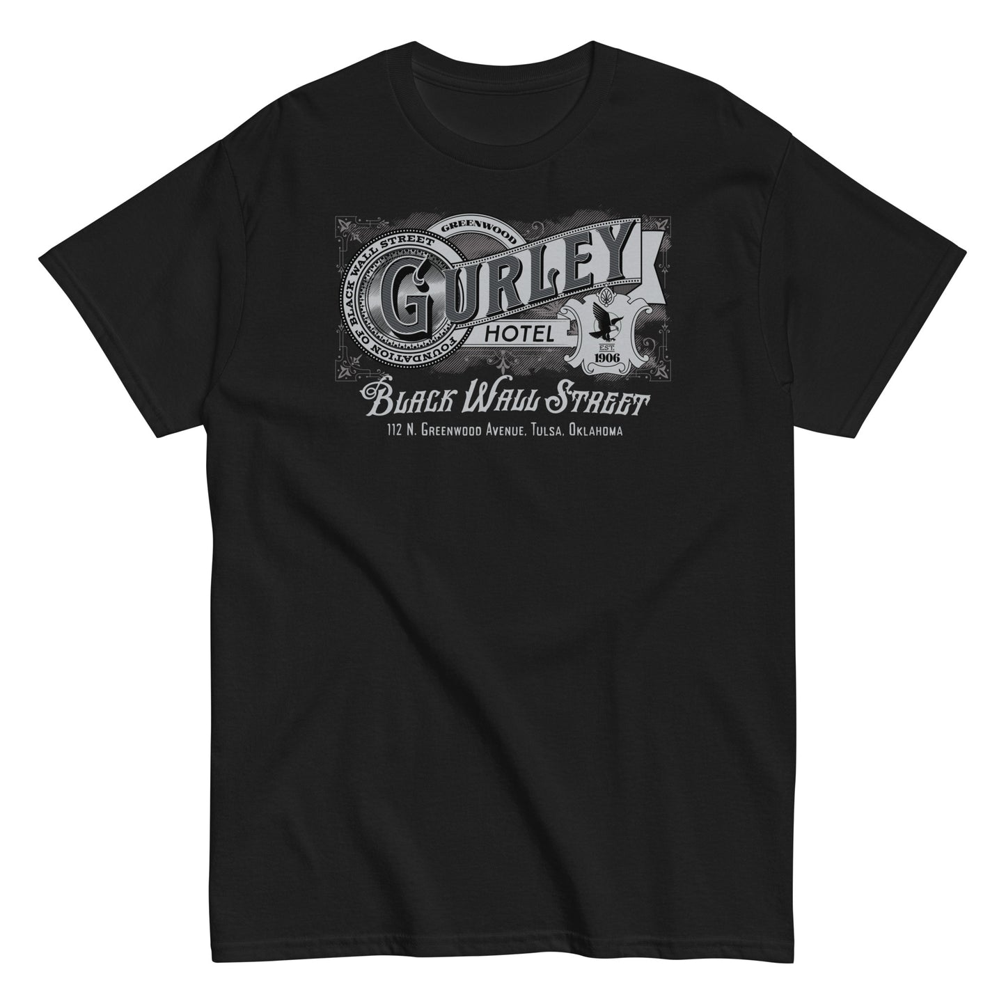 Navy blue Gurley Hotel vintage graphic T-shirt with Black Wall Street logo
