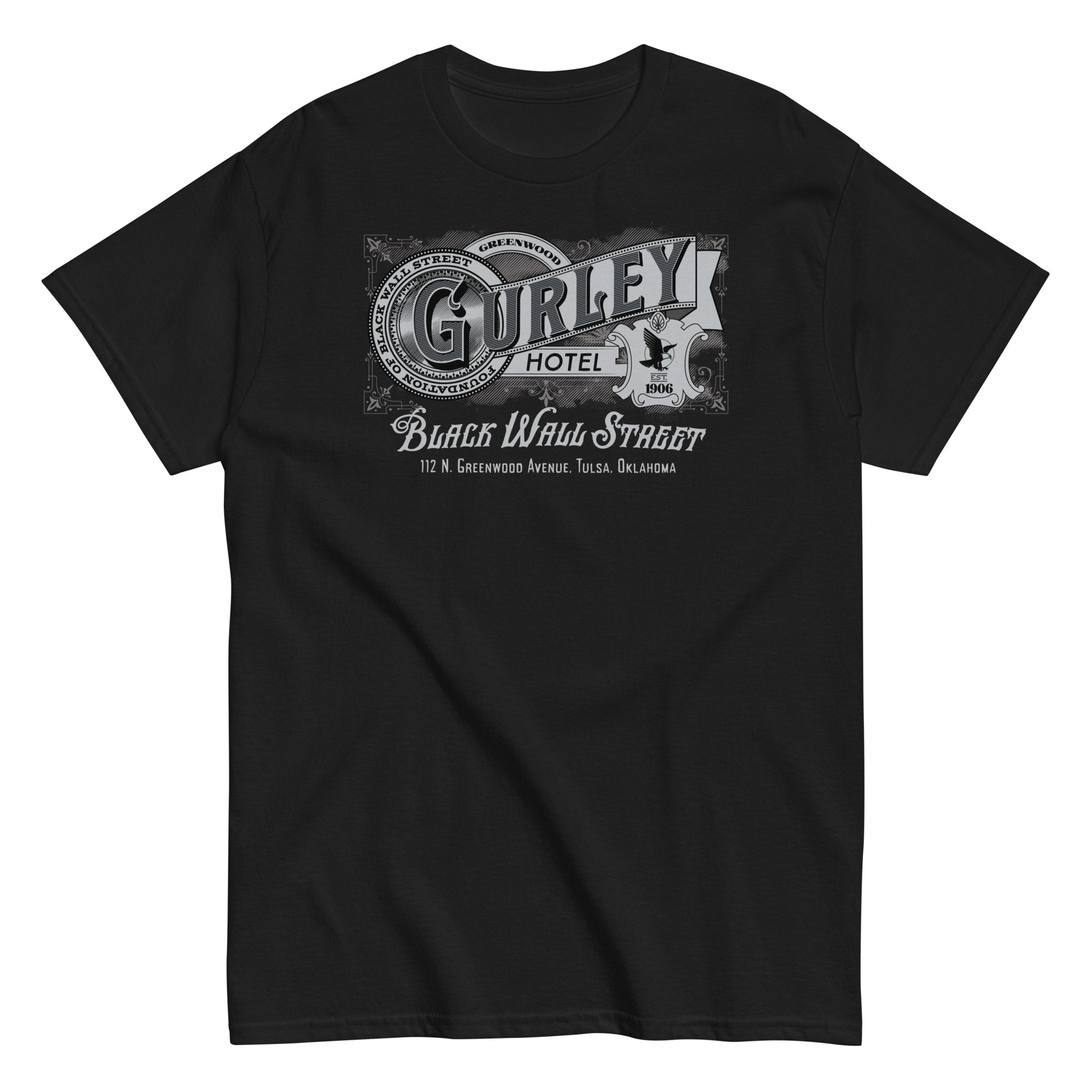 Navy blue Gurley Hotel vintage graphic T-shirt with Black Wall Street logo