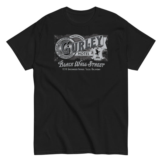 Navy blue Gurley Hotel vintage graphic T-shirt with Black Wall Street logo
