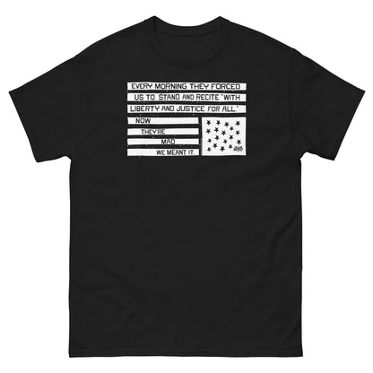 Black unisex graphic t-shirt with liberty and justice protest design