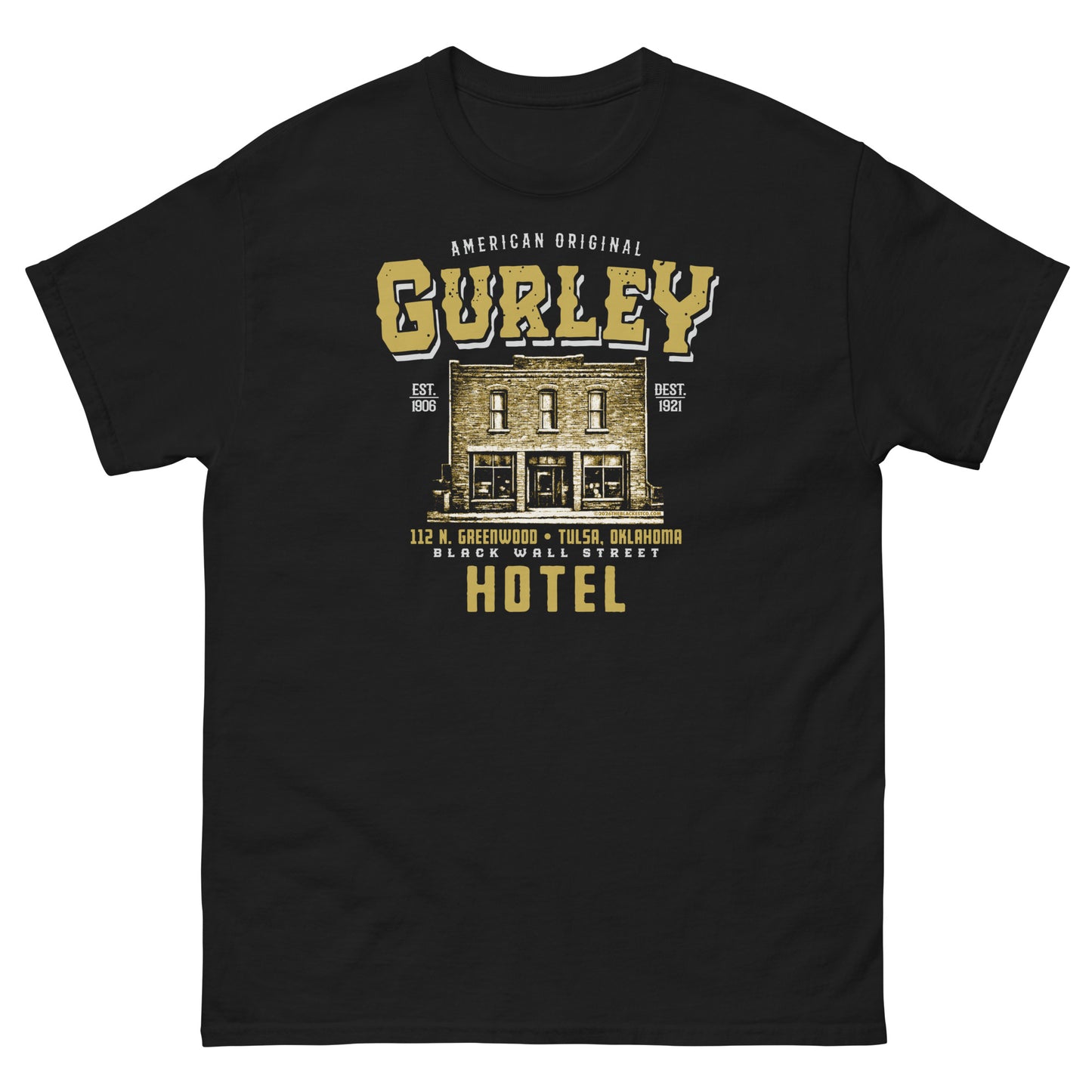 Black Gurley American Original T-shirt with historic hotel graphic