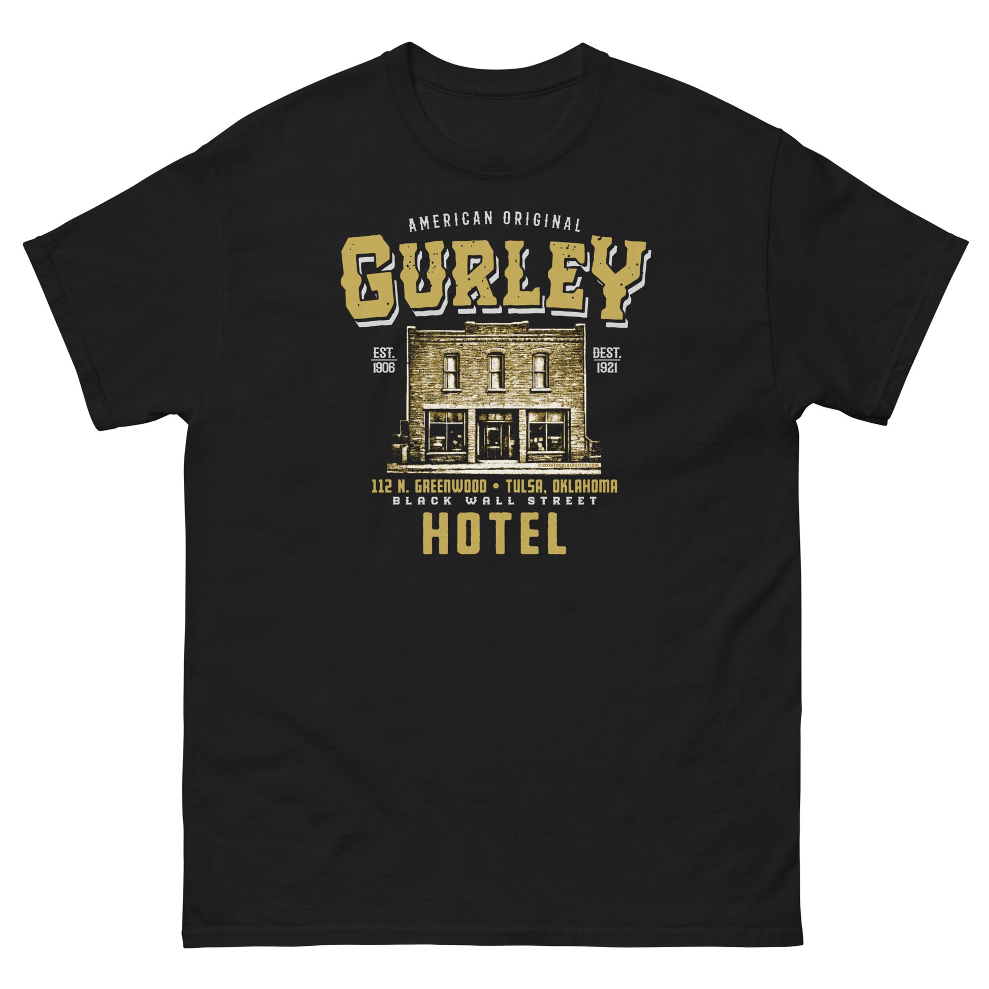 Black Gurley American Original T-shirt with historic hotel graphic