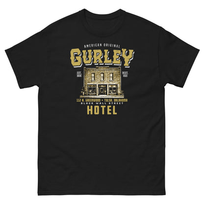 Black Gurley American Original T-shirt with historic hotel graphic