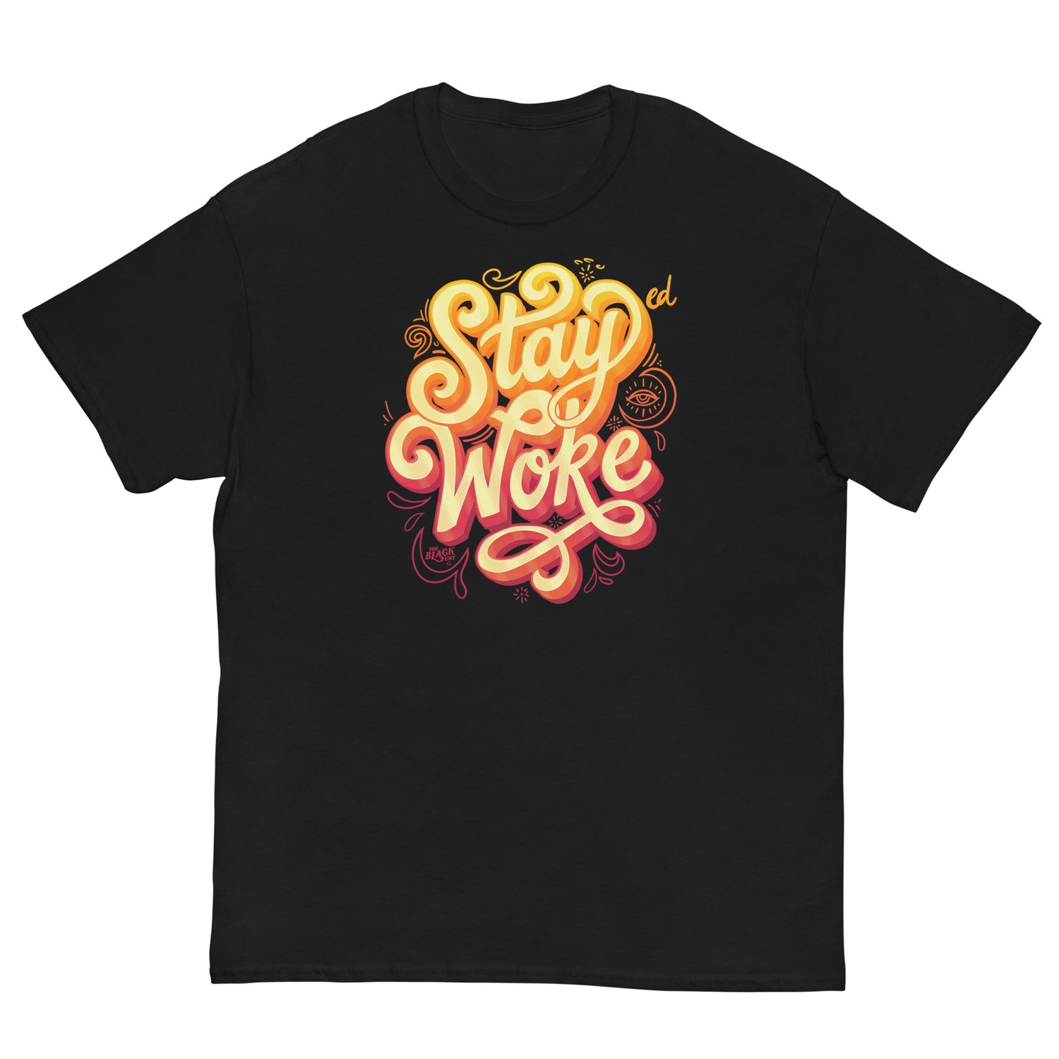 Black t-shirt with colorful 'Stay Woke' graphic design, model wearing black shirt