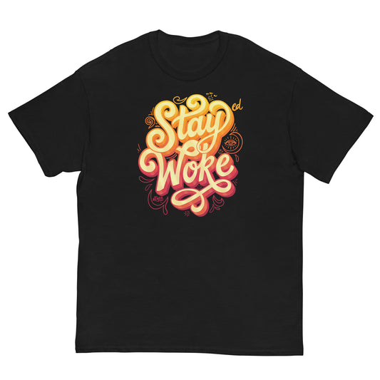 Black t-shirt with colorful 'Stay Woke' graphic design, model wearing black shirt