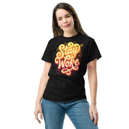 Model wearing black 'Stay Woke' graphic t-shirt, front view