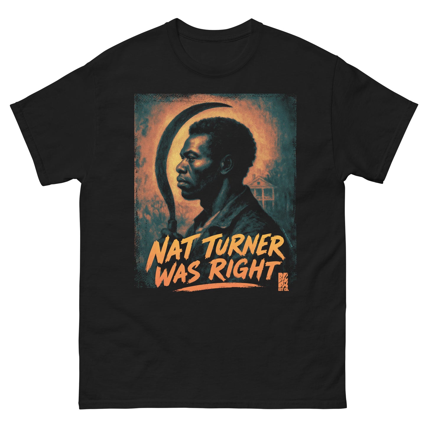 Black unisex T-shirt featuring a graphic print of Nat Turner with bold orange text, made of cotton, size medium