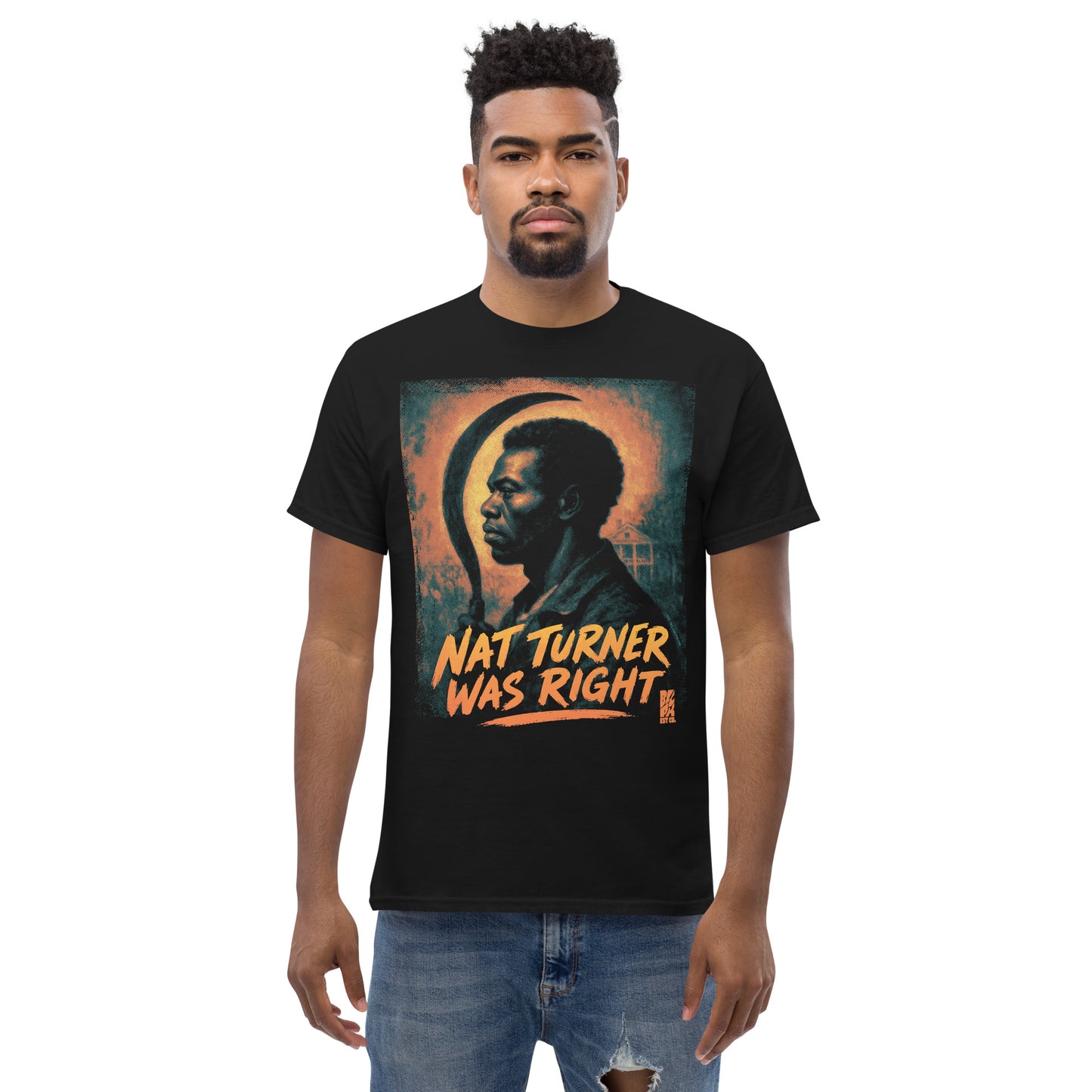Model wearing a black T-shirt with a graphic of Nat Turner and orange text, cotton material, size large, front view