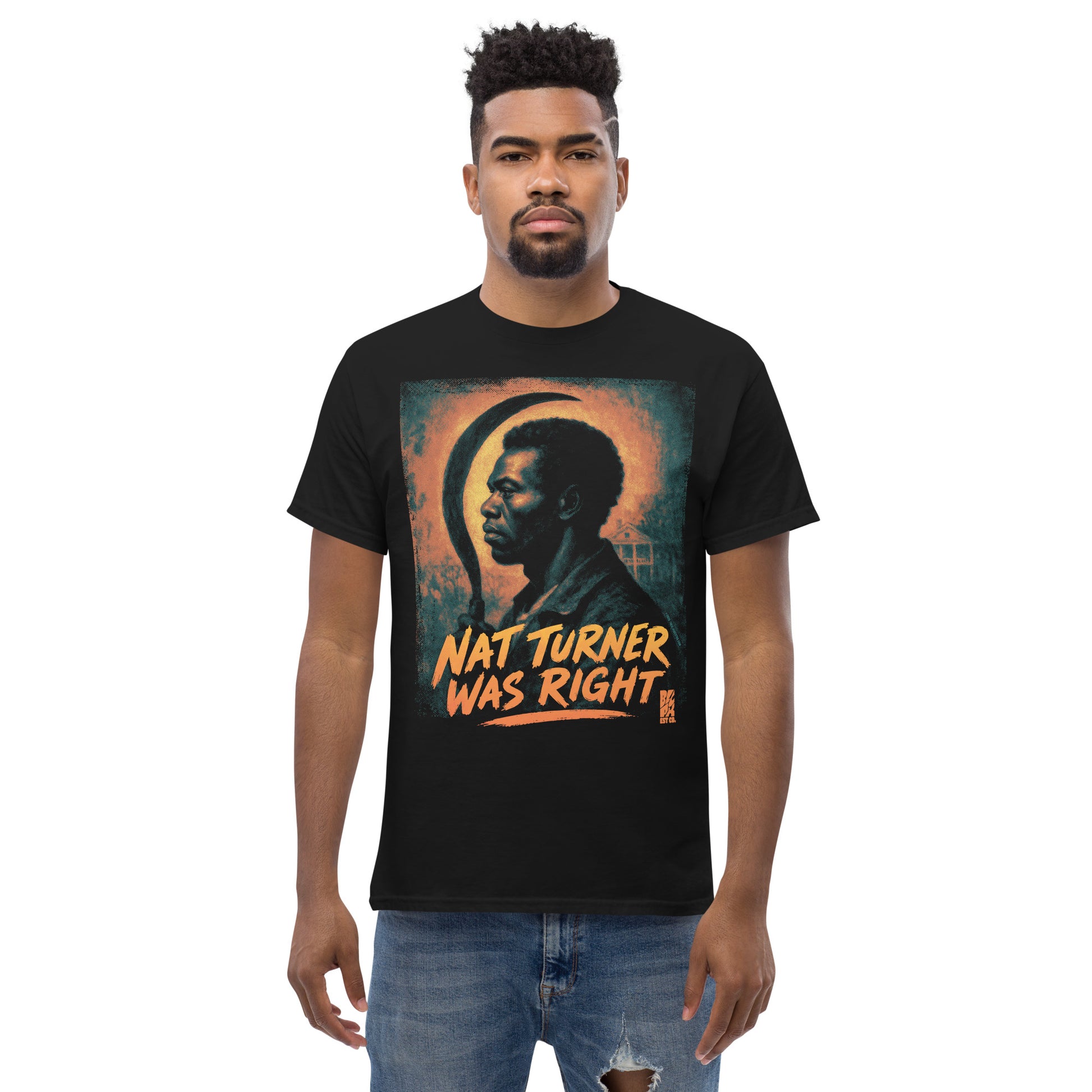 Model wearing a black T-shirt with a graphic of Nat Turner and orange text, cotton material, size large, front view