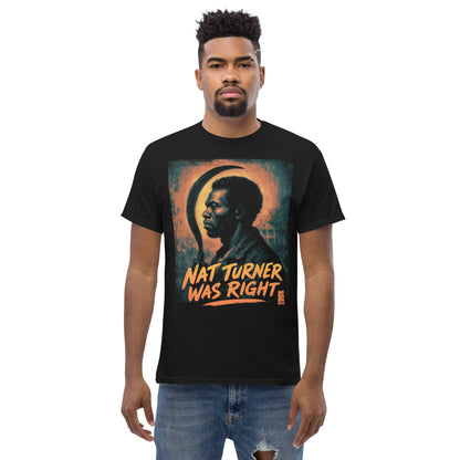 Model wearing a black T-shirt with a graphic of Nat Turner and orange text, cotton material, size large, front view