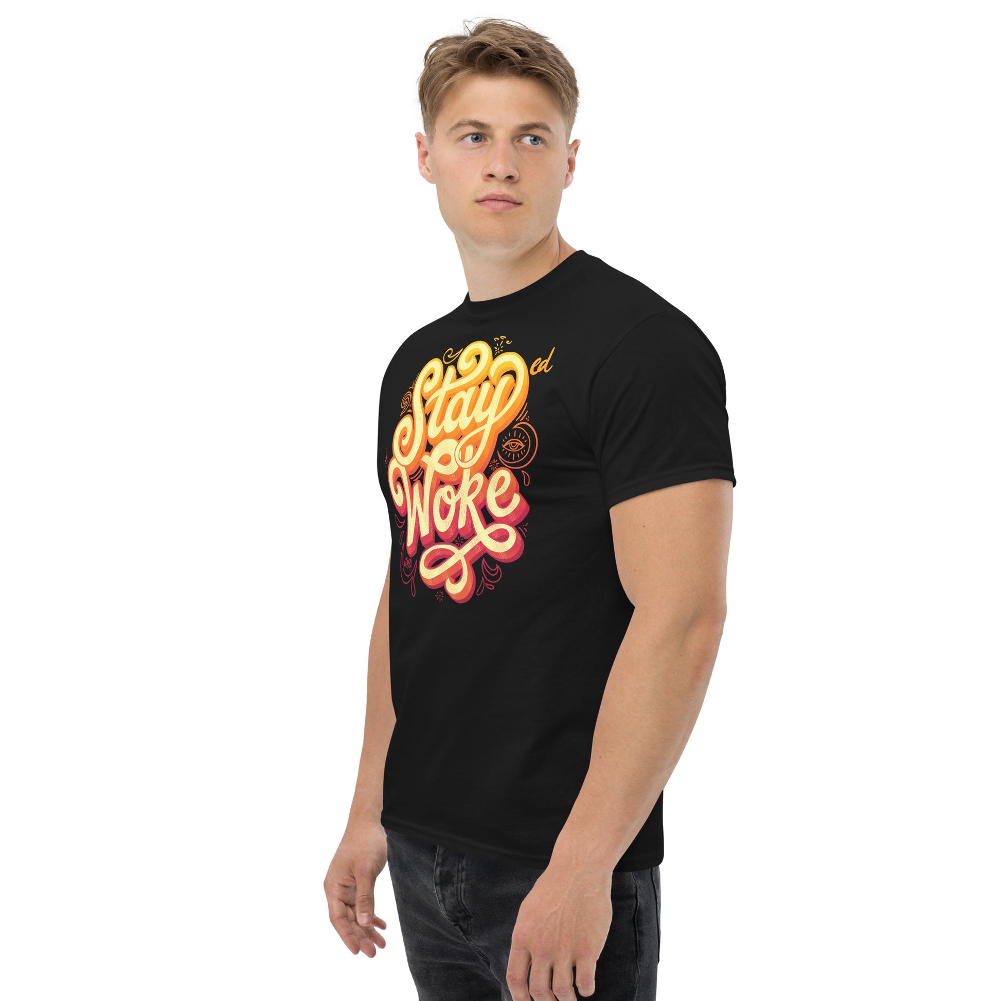 Model in black 'Stay Woke' graphic t-shirt, side view with white background