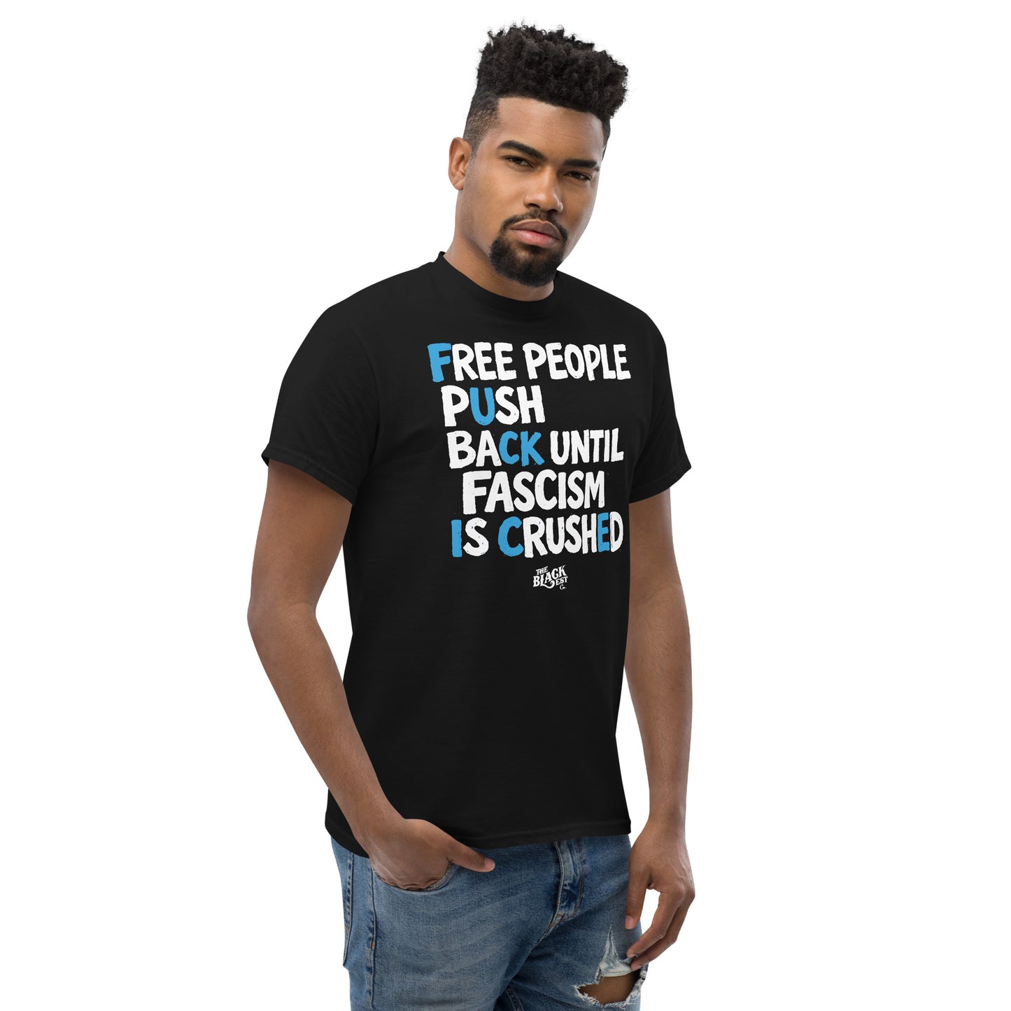 Black unisex protest t-shirt with white and blue text supporting immigration justice