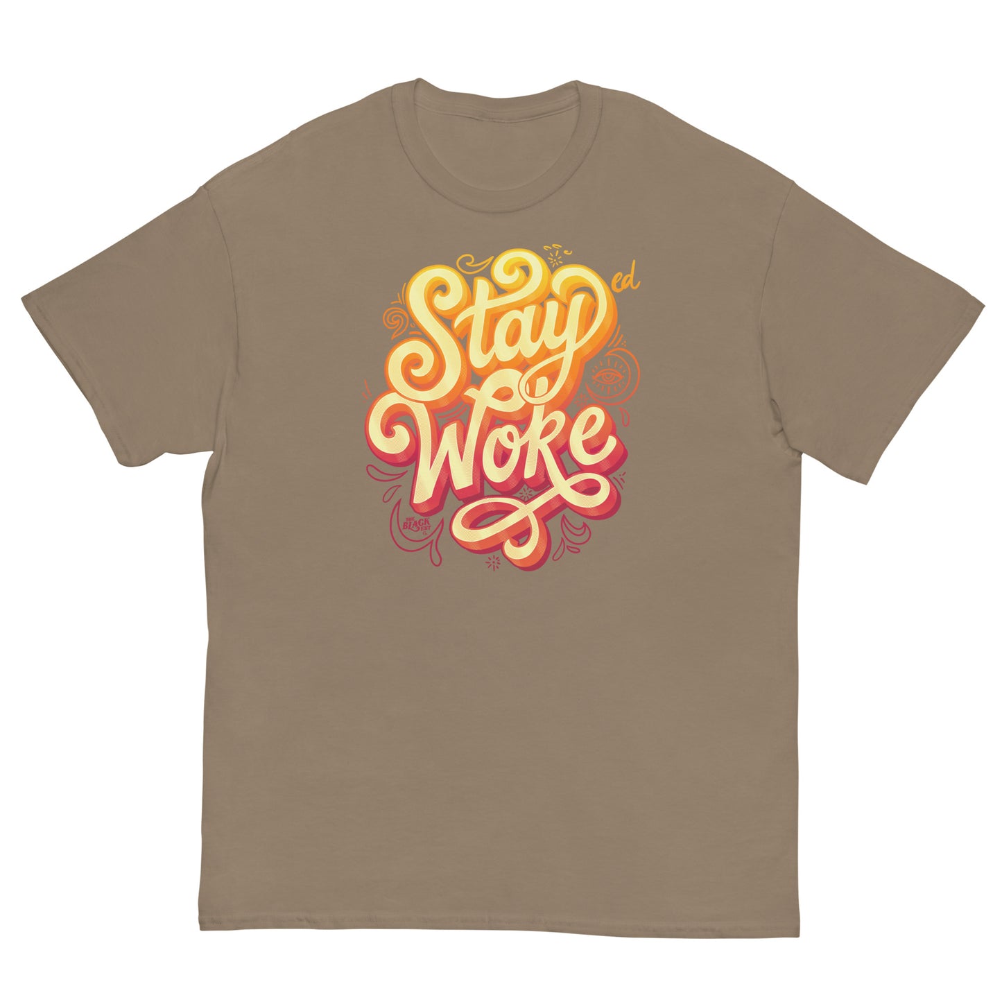 Beige unisex T-shirt with vibrant 'Stay Woke' graphic design for social justice