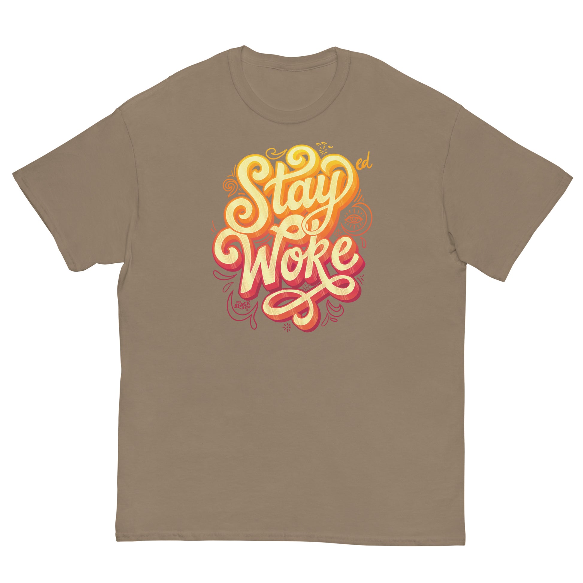 Beige unisex T-shirt with vibrant 'Stay Woke' graphic design for social justice