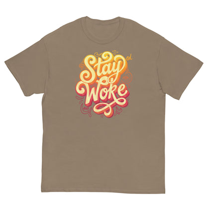 Beige unisex T-shirt with vibrant 'Stay Woke' graphic design for social justice