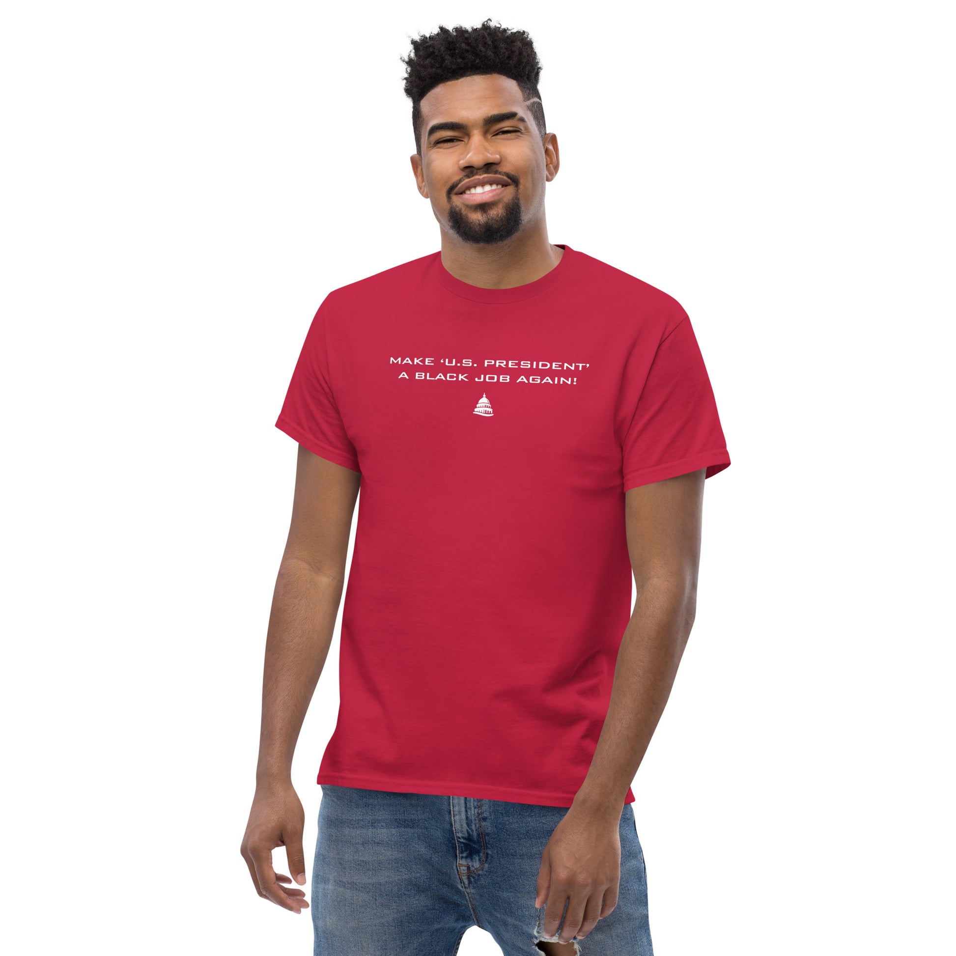 Man standing in red 'Make U.S. President A Black Job Again' t-shirt