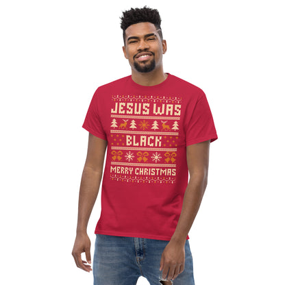 Man wearing red Jesus Was Black Merry Christmas Unisex T-Shirt by TheBlackest Co., featuring bold holiday-themed graphic design.