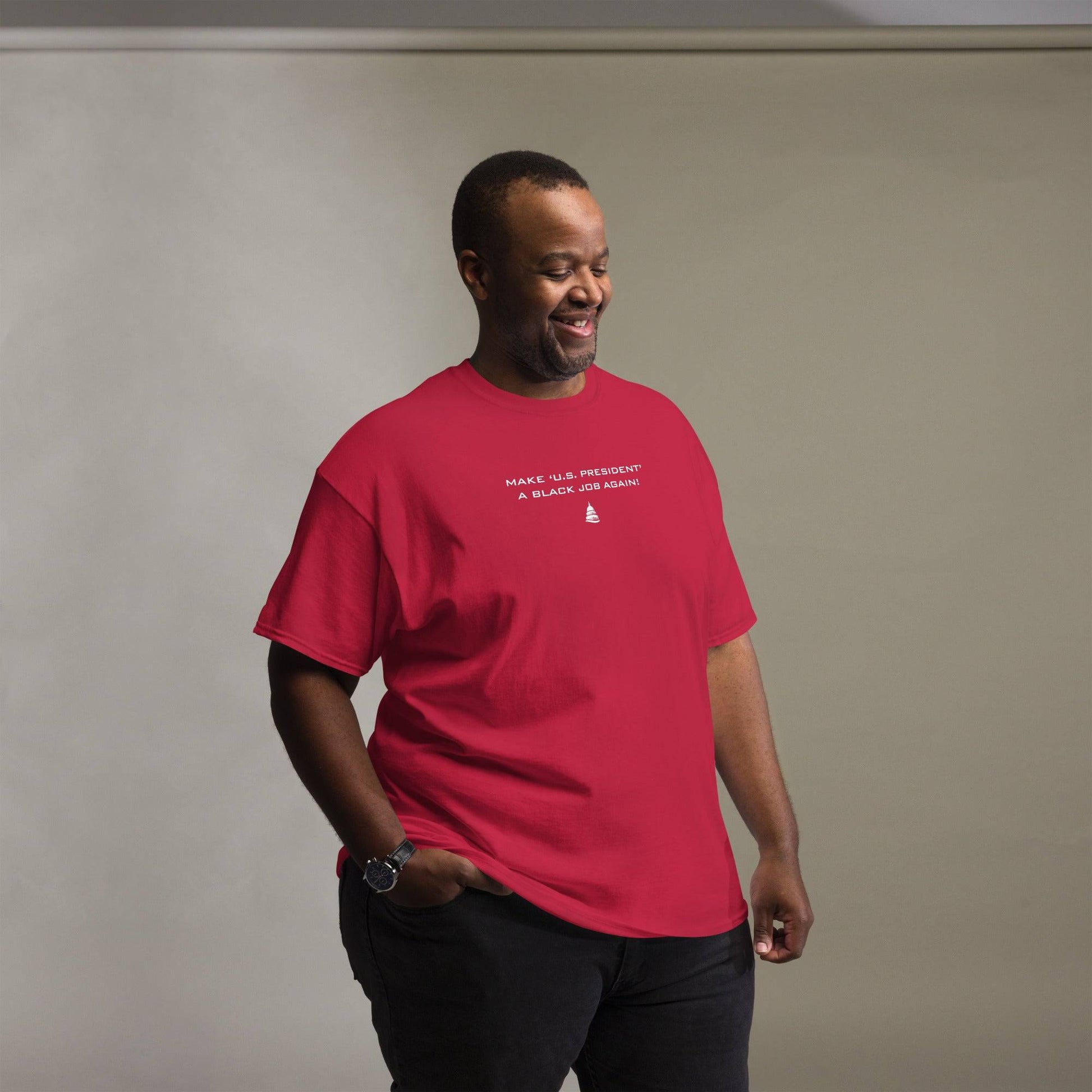 Man wearing red 'Make U.S. President A Black Job Again' t-shirt