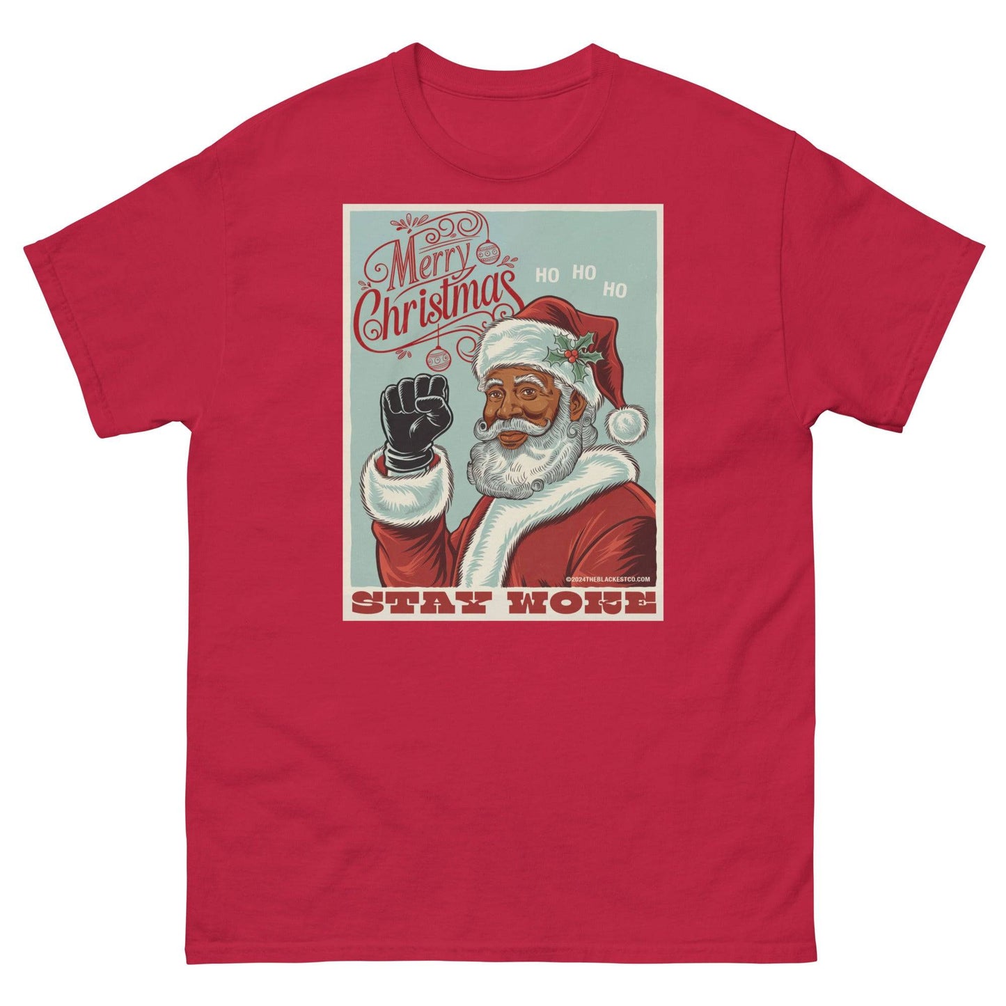 Black Santa Stay Woke Unisex Staple T-Shirt in red with vintage-style graphic of Black Santa raising a fist and 'Merry Christmas' text.