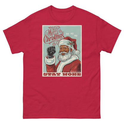 Black Santa Stay Woke Unisex Staple T-Shirt in red with vintage-style graphic of Black Santa raising a fist and 'Merry Christmas' text.