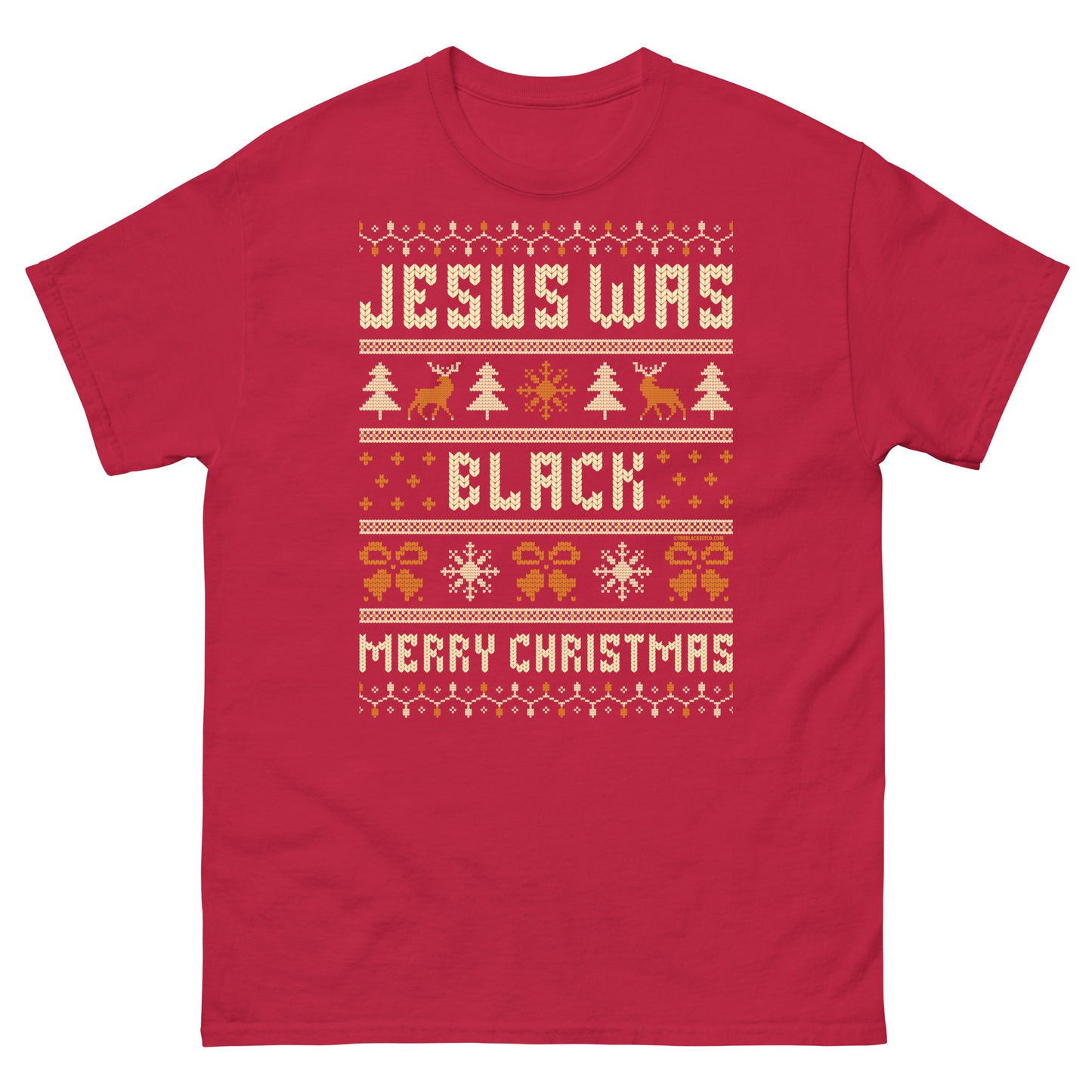 Flat lay of red Jesus Was Black Merry Christmas Unisex T-Shirt by TheBlackest Co., with festive knit-style print and humorous message.