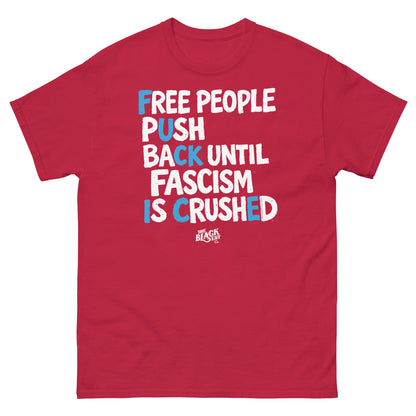 Red T-shirt with protest slogan in white and blue text