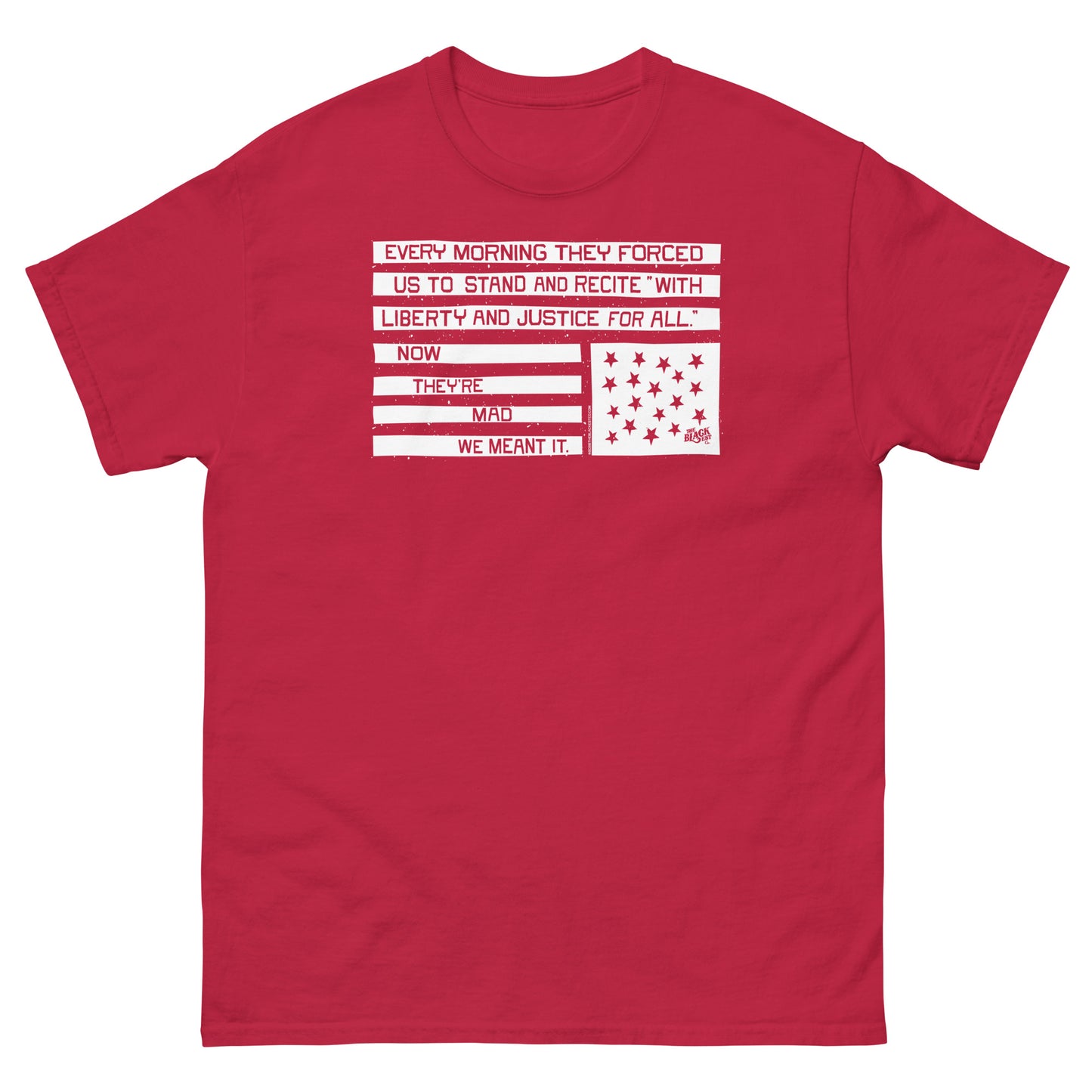 Red unisex graphic T-shirt with liberty and justice protest design