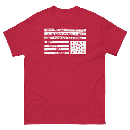 Red unisex graphic T-shirt with liberty and justice protest design