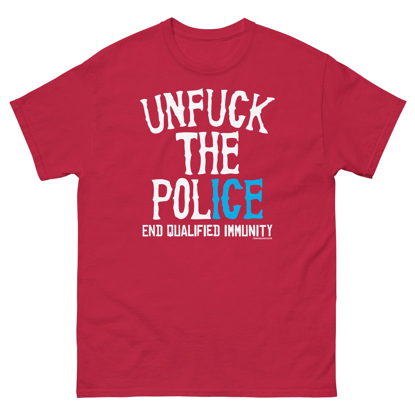 red Unfuck The Police protest graphic unisex T-shirt for social justice and police reform