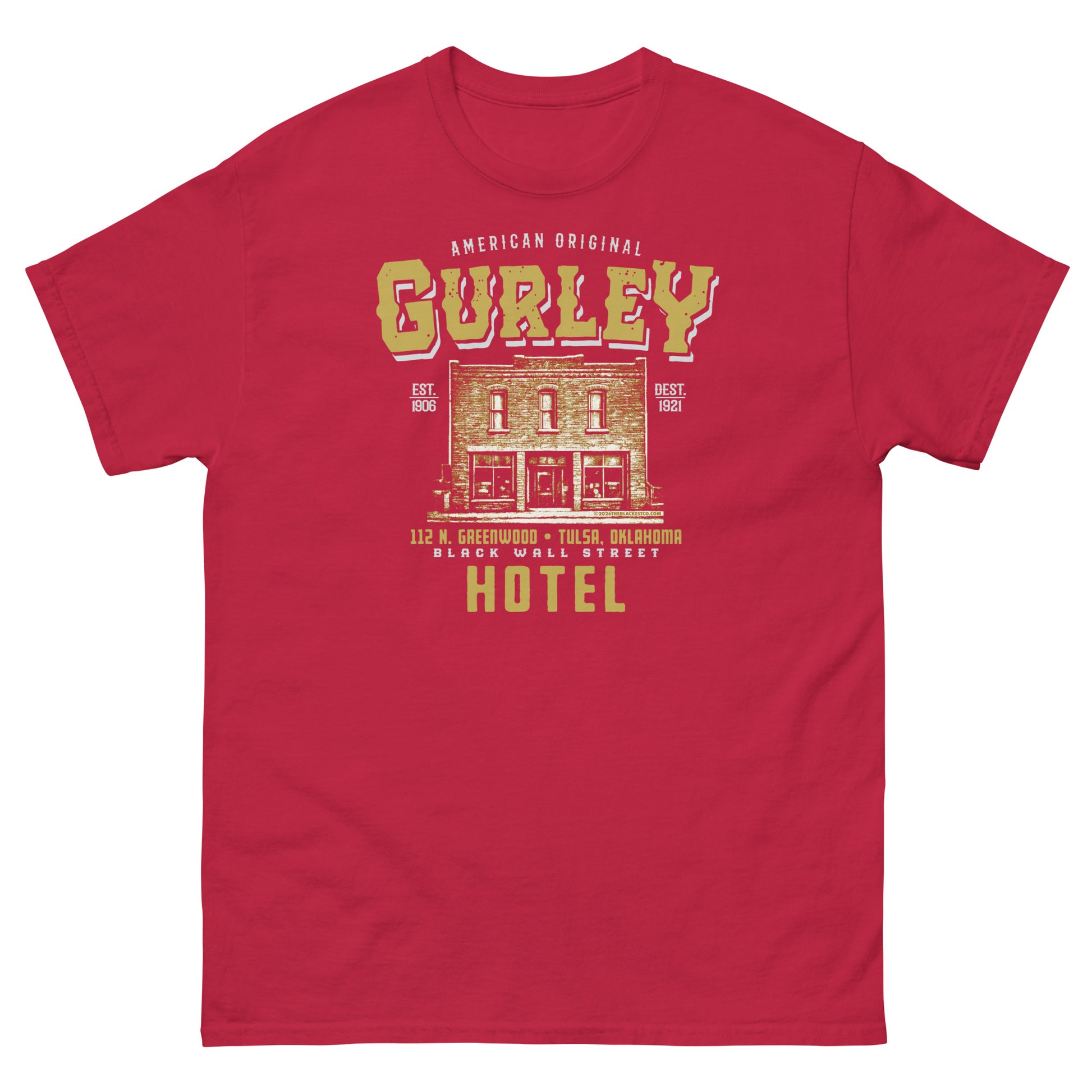 Red Gurley American Original T-shirt with historic hotel graphic
