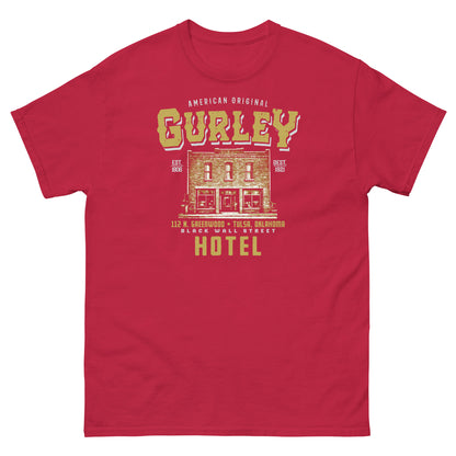 Red Gurley American Original T-shirt with historic hotel graphic