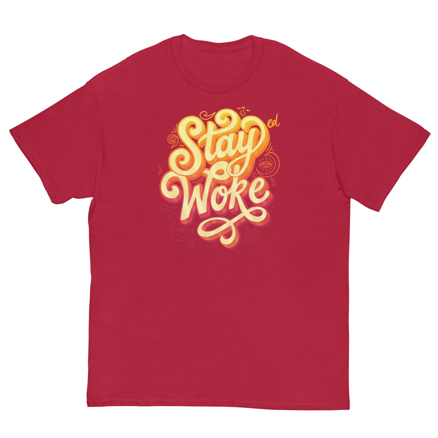 Red T-Shirt with Stay Woke graphic in yellow and orange